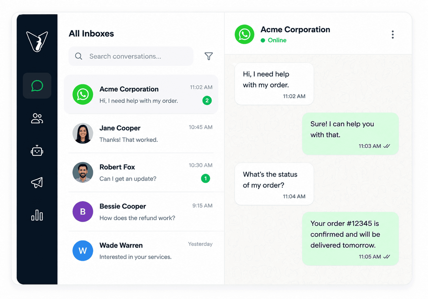 Shared WhatsApp inbox with an 'AI agent handled this' tag beside the Connect workflow canvas mid-edit