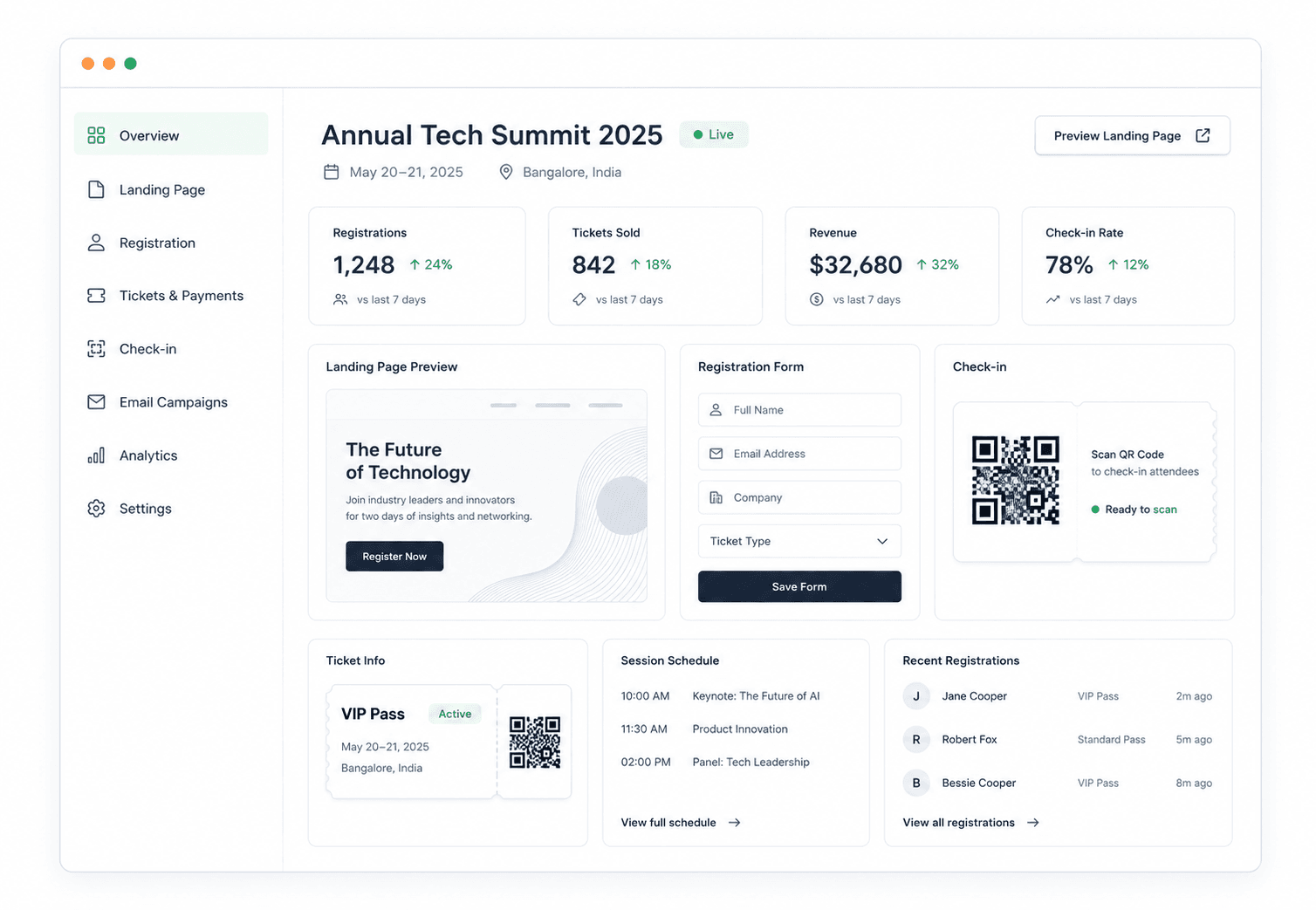 AI-generated event landing page previewing beside the Voxket console in a streaming 'generating your page' state