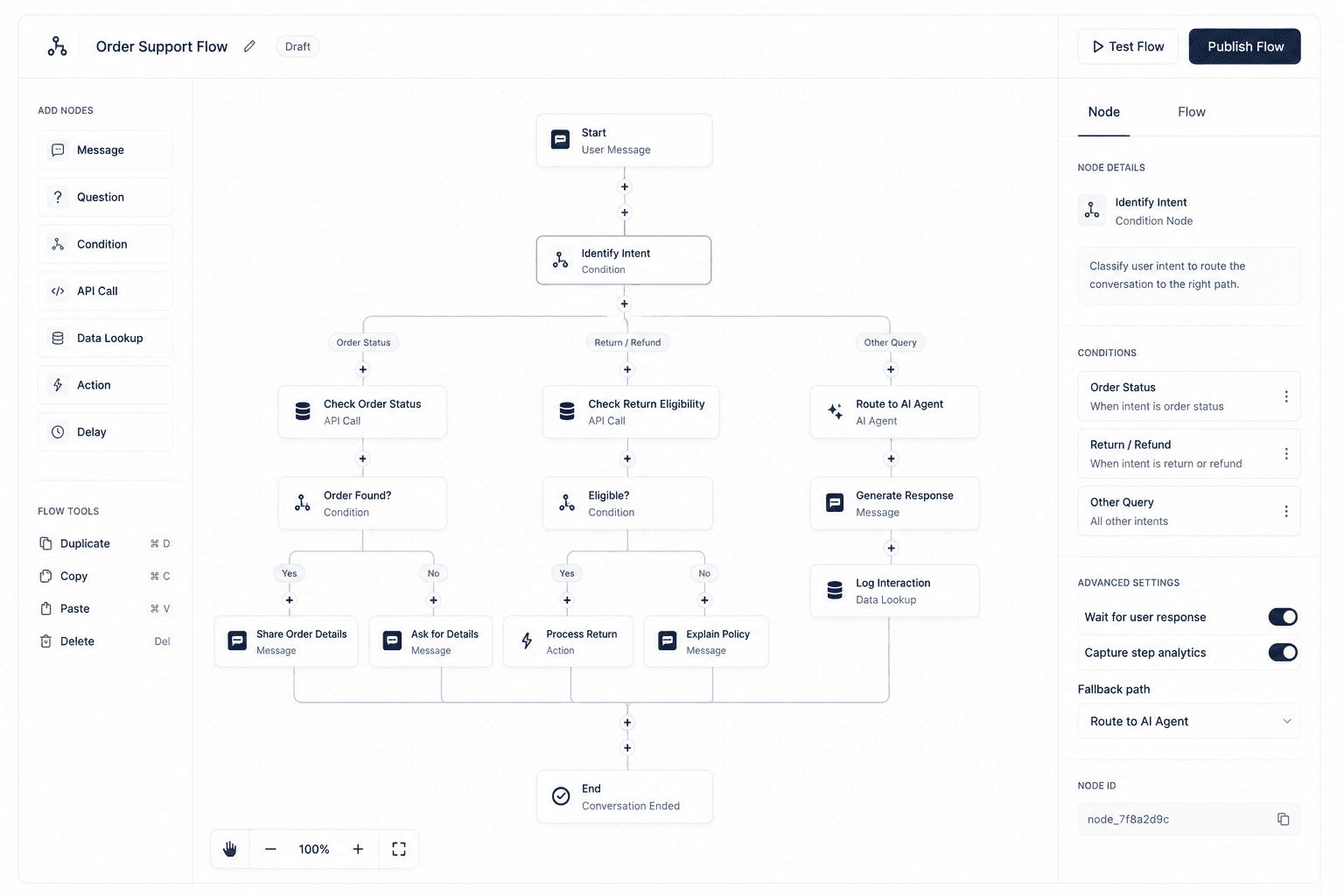 Conversation-aware flow builder canvas with branching nodes and decision logic